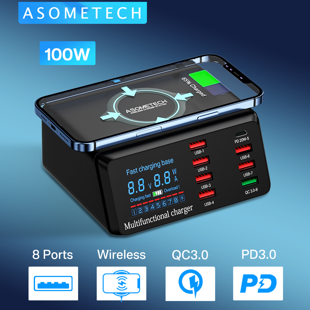 ASOMETECH 100W 8 Port USB Charger Staion With Wireless Charging,LED Digital Display,QC3.0 PD