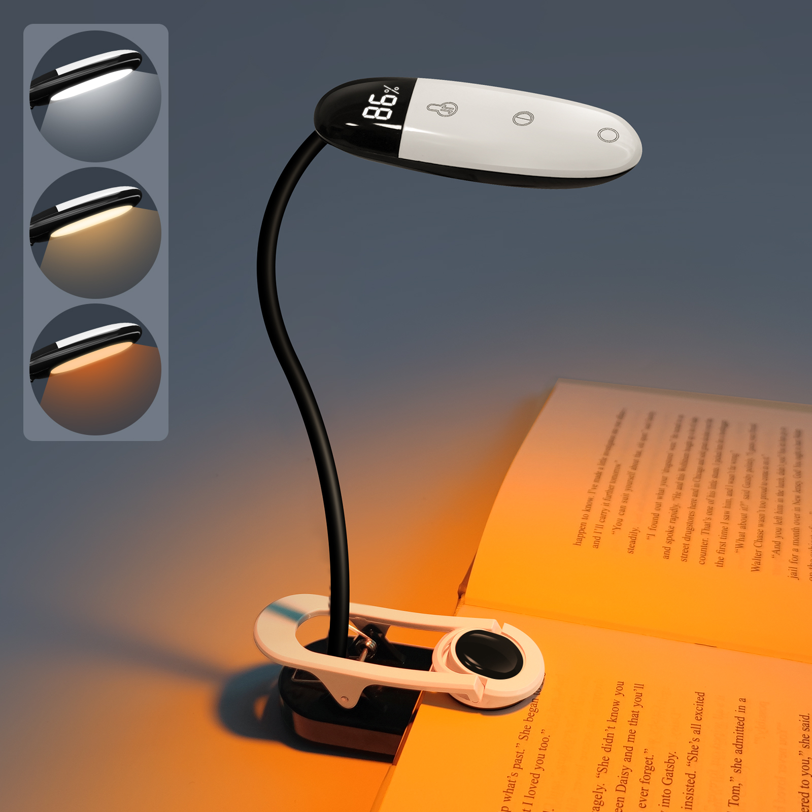 Displays Battery Power Rechargeable Book Light Mini LED Reading Light 3Colors Flexible