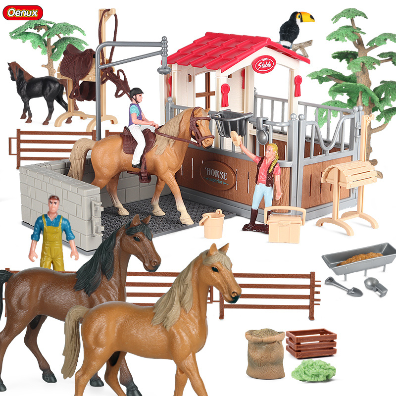 Oenux Farm Stable House Model Action Figures Emulational Horseman Horse Animals Playset