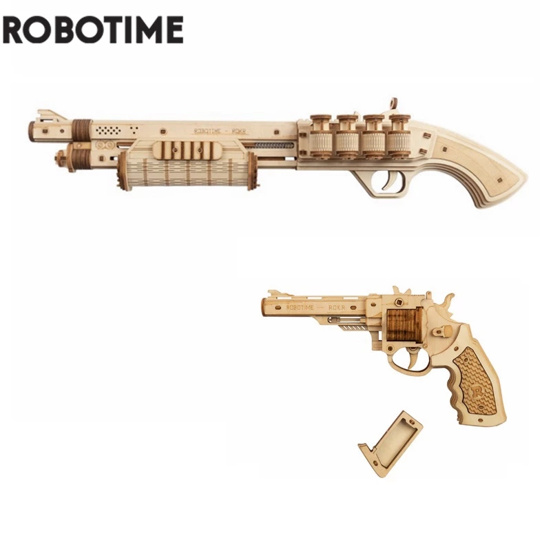 Robotime Rokr DIY Revolver,Scatter with Rubber Band Bullet  Wooden Model Building Block